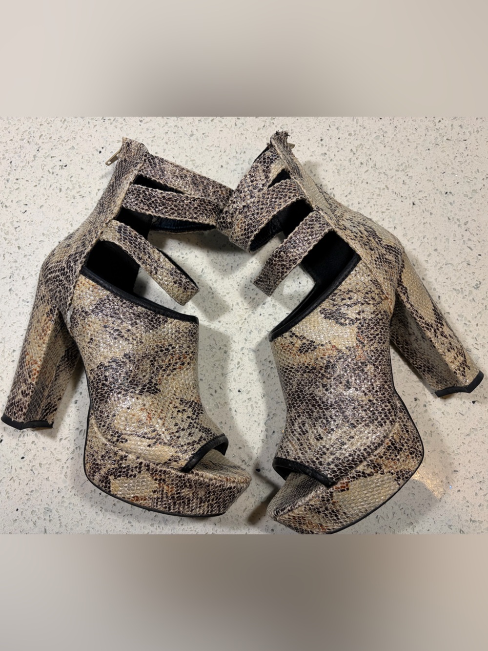 Snake-Print Platform Peep-Toe Block Heels - Taupe